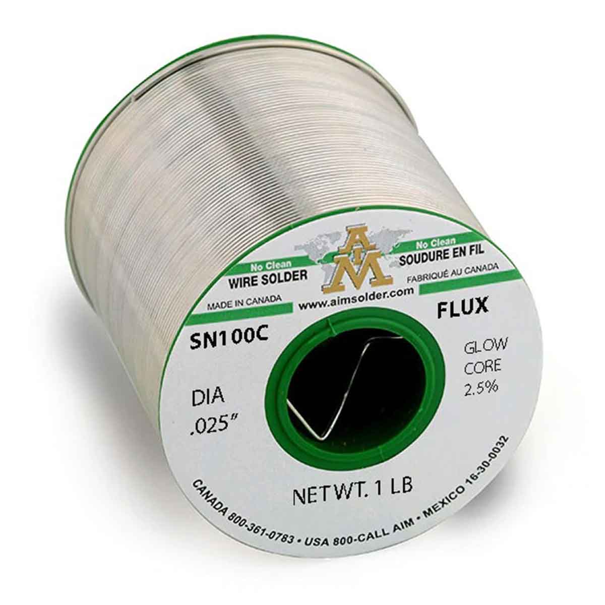 AIM Lead Free No Clean Core Wire Solder, SN100C Glow Core 2.5% .025" Dia. 1 Lb. Spool