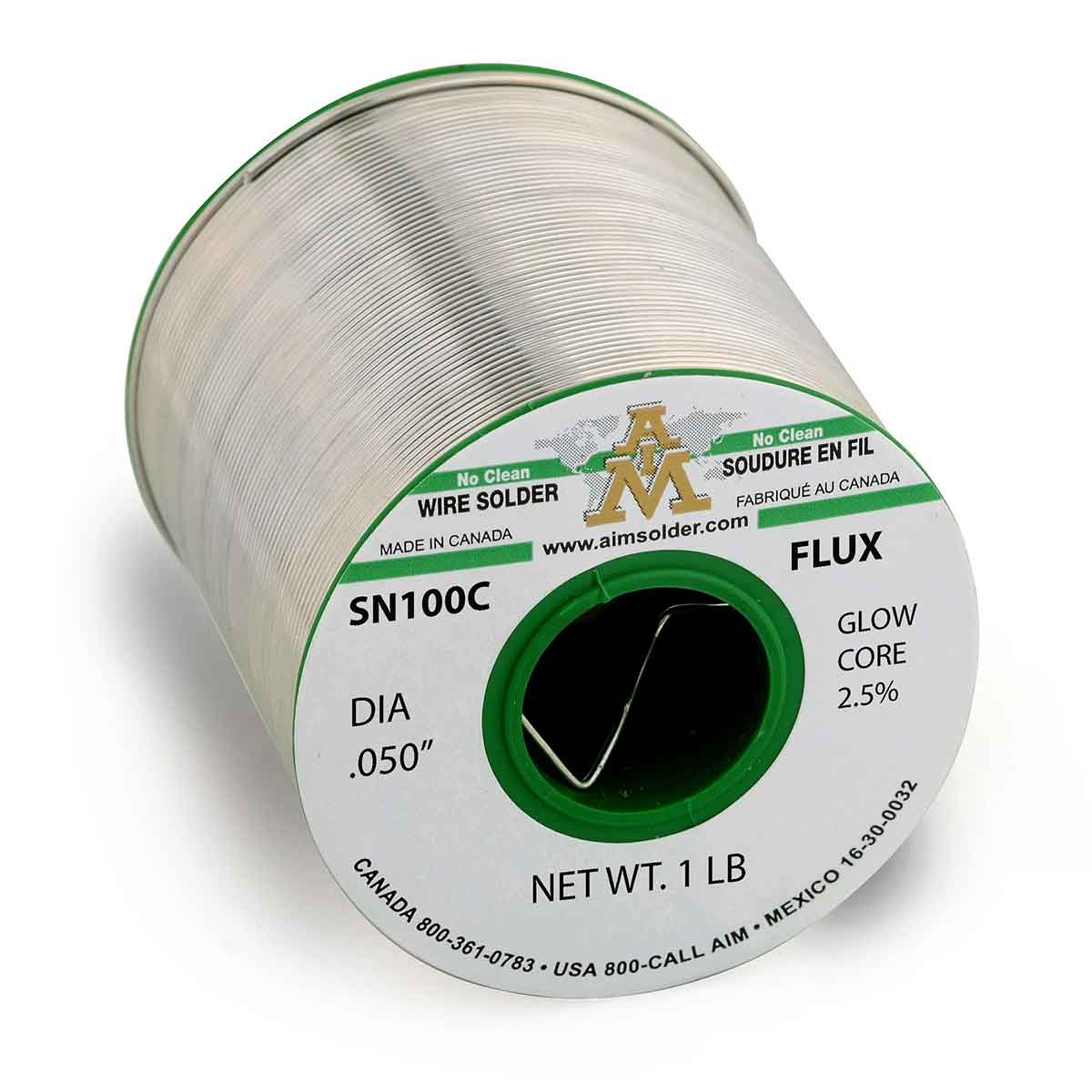 AIM Lead Free No Clean Core Wire Solder, SN100C Glow Core 2.5% .050" Dia. 1 Lb. Spool