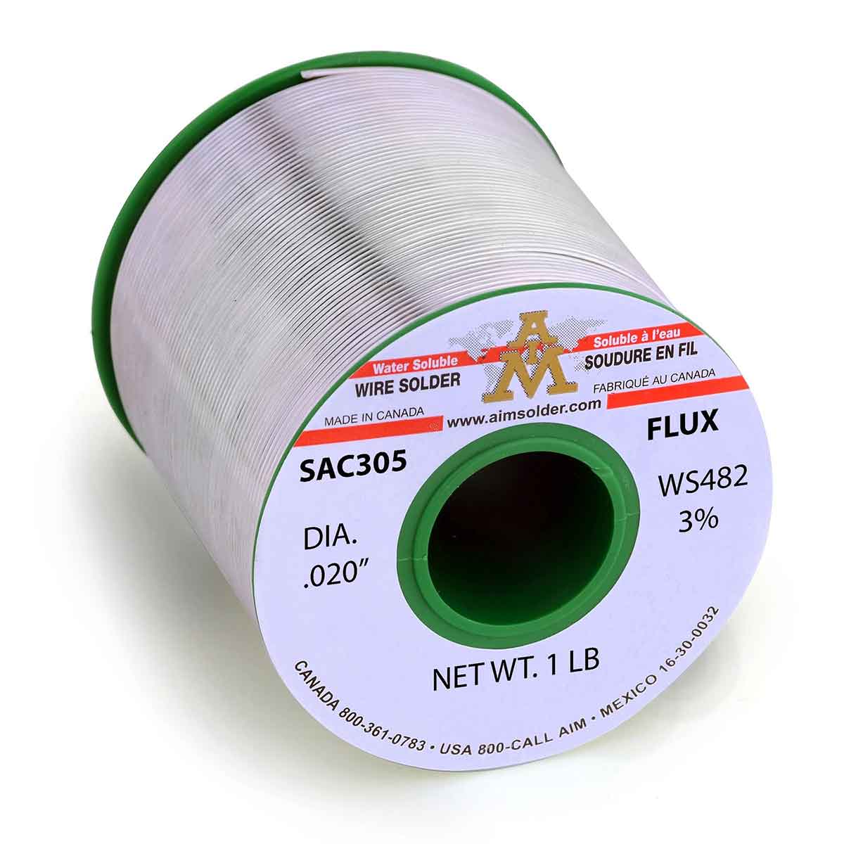 AIM Lead Free Water Soluble Core Wire Solder, SAC305 WS482 3% .020" Dia. 1 Lb. Spool