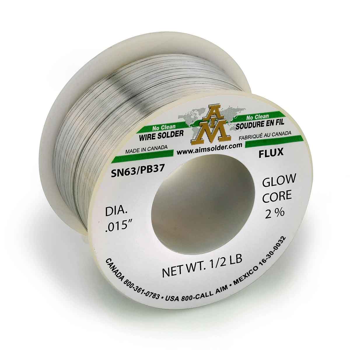 AIM No Clean Core Wire Solder, SN63/PB37 Glow Core 2% .015" 1 LB