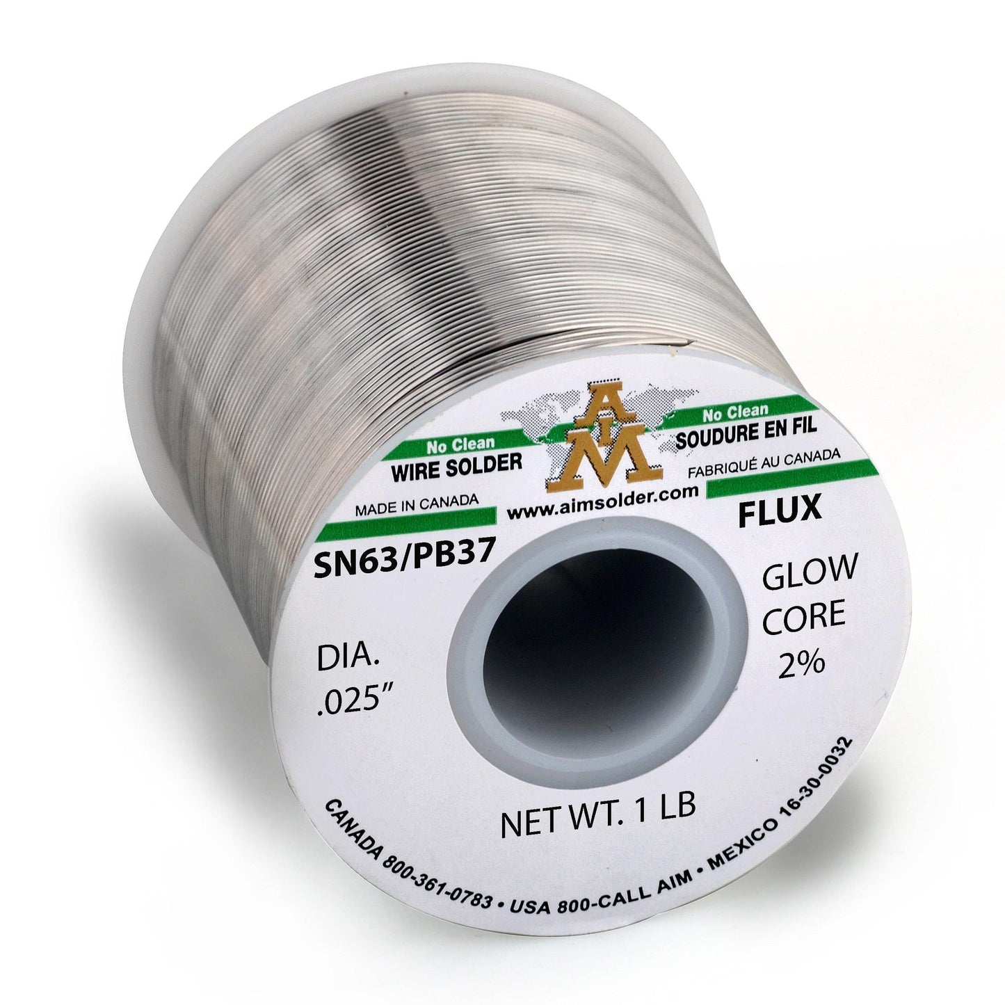 AIM SN63/PB37 Glow Core 2% No Clean Core Wire Solder .025" Diameter