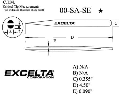 Excelta Tweezers 00-SA-SE Straight Strong Points, Anti-Mag, Stainless Steel 4.5"