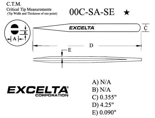 Excelta Tweezers 000C-SA-SE Fine Points, Anti-Mag, Stainless Steel 4.25"