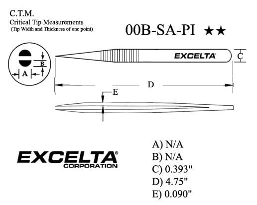 Excelta Tweezers 00B-SA-PI Straight Strong Points, Anti-Mag Stainless Steel 4.5"