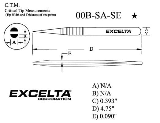 Excelta Tweezers 00B-SA-SE Straight Strong Points, Serrated Handles, Anti-Mag, Stainless Steel 4.5"