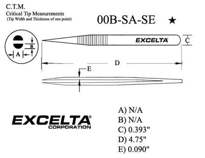 Excelta Tweezers 00B-SA-SE Straight Strong Points, Serrated Handles, Anti-Mag, Stainless Steel 4.5"