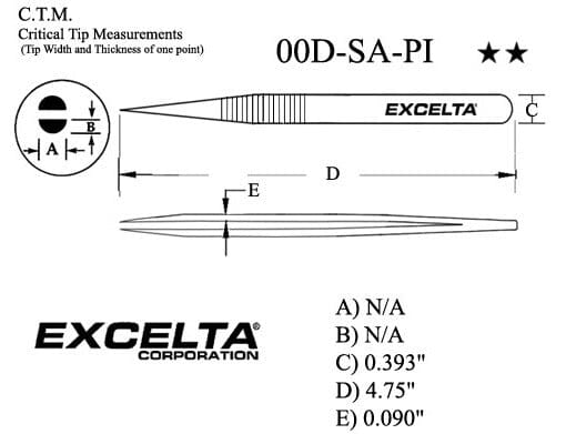 Excelta Tweezers 00D-SA-PI Straight Strong Points, Anti-Mag, Stainless Steel 4.75"