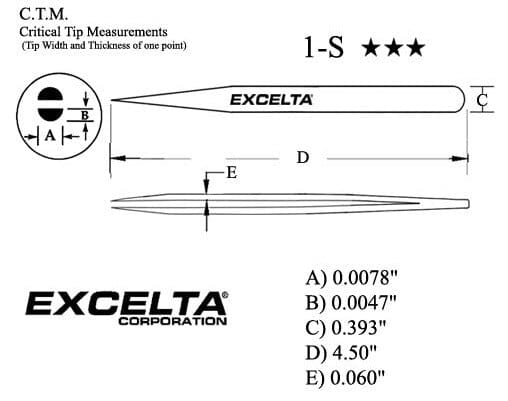 Excelta Tweezers 1-S Straight Very Fine Point, Stainless Steel 4.5"