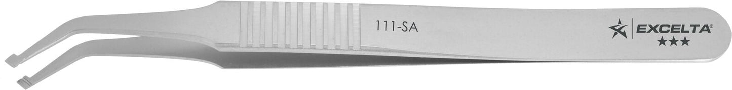 Excelta Tweezers 111-SA 39° Angled Paddle Point, Serrated Handles, Anti-Mag, Neverust Steel 4.25"