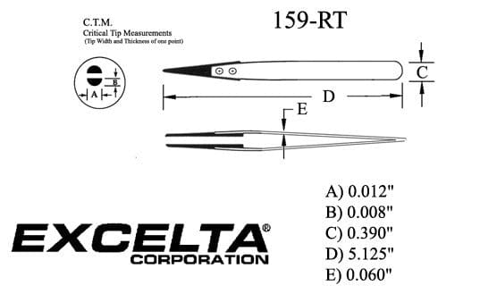 Excelta Tweezers 159-RT Straight Point,Tapered Replaceable Tips, Anti-Mag Neverust Steel 5"