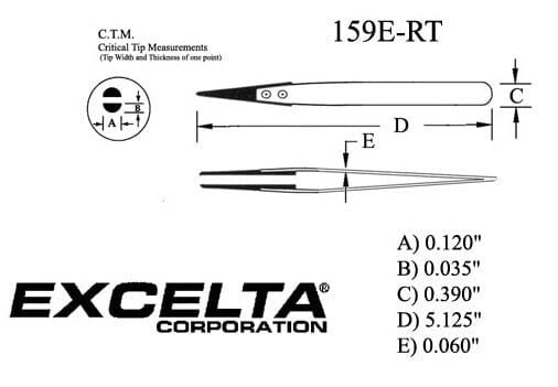 Excelta Tweezers 159E-RT Straight Point, Carbon Fib Replaceable Tips, Anti-Mag Neverust Steel 5"