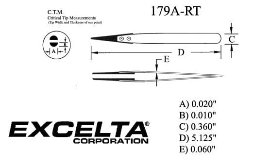 Excelta Tweezers 179A-RT Straight Point Peek .020", Replaceable Tips, Anti-Mag Neverust Steel 5.125"