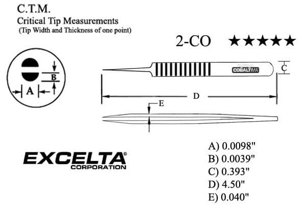 Excelta Tweezers 2-CO Cobaltima® Straight Tips, Strong Fine Points 4.75"