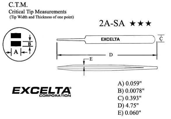 Excelta Tweezers 2-SA Straight Tapered, Anti-Magnetic, Neverust® Stainless Steel 4.75"