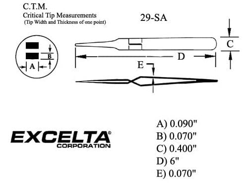 Excelta Tweezers 29-SA Straight Strong Points, Cross Anti-Magnetic, Neverust Steel 6"