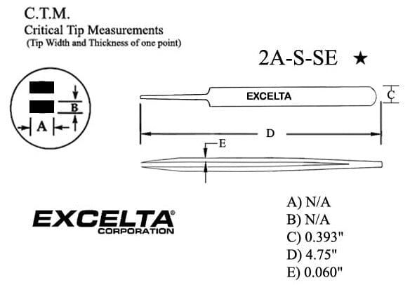 Excelta Tweezers 2A-S-SE Straight Tapered, Flat Round Points, Stainless Steel 4.75"