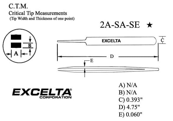 Excelta Tweezers 2A-SA-SE Straight Tapered, Round Flat Points, Anti-Magnetic, Stainless Steel 4.75"