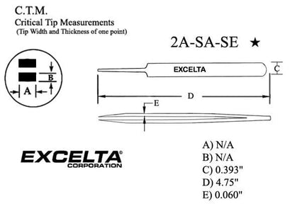 Excelta Tweezers 2A-SA-SE Straight Tapered, Round Flat Points, Anti-Magnetic, Stainless Steel 4.75"