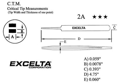 Excelta Tweezers 2A Straight Flat Round Tapered Points, Carbon Steel 4.75"