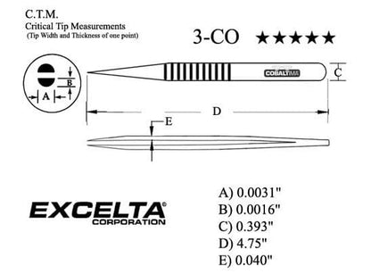 Excelta Tweezers 3-CO Cobaltima® Tapered Tips, Straight Very Fine Points 4.75"