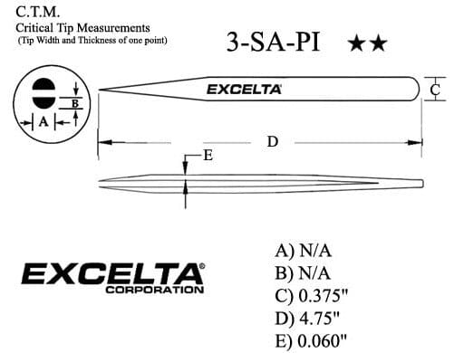 Excelta Tweezers 3-SA-PI Straight Very Fine Points, Ant-Mag, Stainless Steel 4.75"