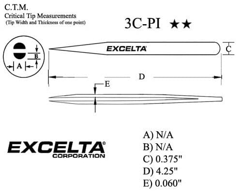 Excelta Tweezers 3C-PI Straight Very Fine Points, Carbon Steel 4.25"