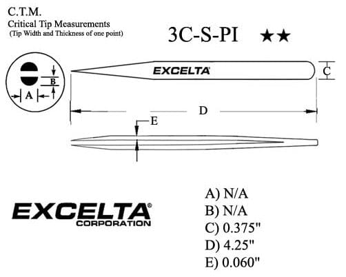 Excelta Tweezers 3C-S-PI Straight Very Fine Points, Stainless Steel 4.25"