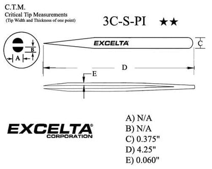 Excelta Tweezers 3C-S-PI Straight Very Fine Points, Stainless Steel 4.25"