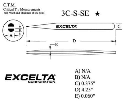 Excelta Tweezers 3C-S-SE Straight Very Fine Points, Stainless Steel 4.25"