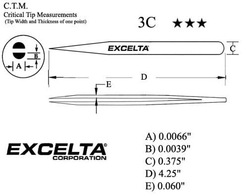 Excelta Tweezers 3C Straight Very Fine Points, Carbon Steel 4.25"