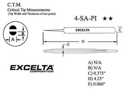 Excelta Tweezers 4-SA-PI Straight Tapered, Very Fine Points, Anti-Mag, Stainless Steel 4.25"