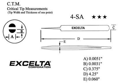 Excelta Tweezers 4-SA Straight Tapered, Very Fine Points, Anti-Mag, Neverust Steel 4.25"