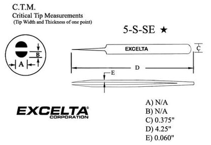 Excelta Tweezers 5-S-SE Straight Tapered, Very Fine Points, Stainless Steel 4.25"