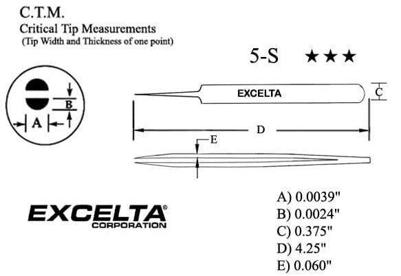 Excelta Tweezers 5-S Straight Tapered, Very Fine Points, Stainless Steel 4.25"