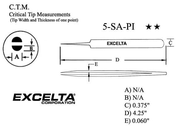 Excelta Tweezers 5-SA-PI Straight Tapered, Very Fine Points, Stainless Steel, Anti-mag 4.25"