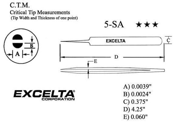 Excelta Tweezers 5-SA Straight Tapered, Very Fine Points,Anti-Mag, Neverust Stainless Steel 4.25"