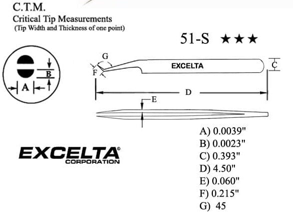 Excelta Tweezers 51-S 45° Bent Tapered, Oblique Very Fine Points, Stainless Steel 4.5"