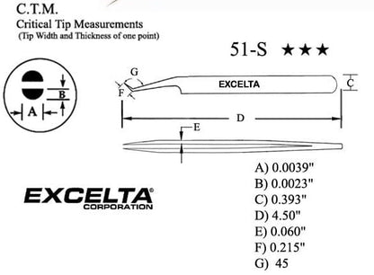 Excelta Tweezers 51-S 45° Bent Tapered, Oblique Very Fine Points, Stainless Steel 4.5"