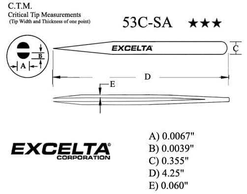 Excelta Tweezers 53C-SA Straight Very Fine Points, Anti-Crush, Anti-Mag Neverust Steel 4.25"