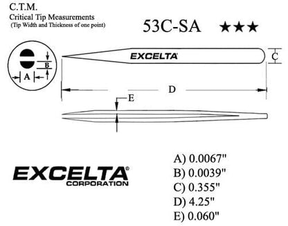 Excelta Tweezers 53C-SA Straight Very Fine Points, Anti-Crush, Anti-Mag Neverust Steel 4.25"