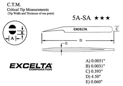 Excelta Tweezers 5A-SA 10° Angle Tapered, Offset Very Fine Points, Anti-Mag, Neverust Steel 4.5"