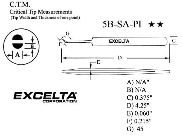 Excelta Tweezers 5A-SA-PI 45* Angle Tapered, Bent Very Fine Points, Anti-Mag, Stainless Steel 4.25"