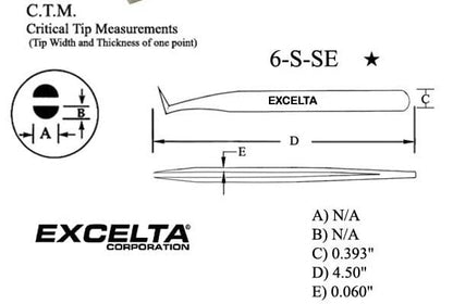 Excelta Tweezers 6-S-SE 70* Angled Tapered, Flat Sharp Points, Stainless Steel 4.5"