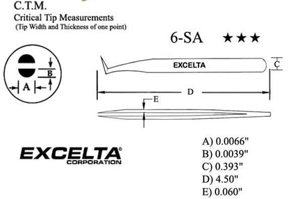 Excelta Tweezers 6-SA 70°, Angled Flat Sharp Points, Anti-Mag, Neverust Steel 4.5"