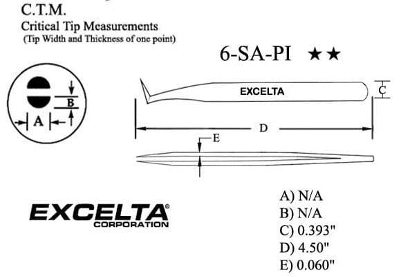 Excelta Tweezers 6-SA-PI 70* Angled Tapered, Flat Sharp Points, Anti-Mag, Stainless Steel 4.5"