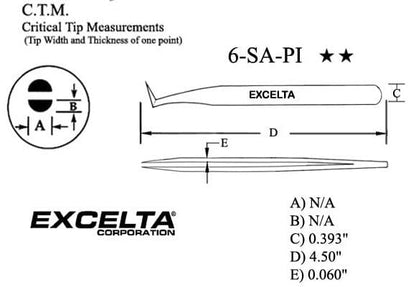 Excelta Tweezers 6-SA-PI 70* Angled Tapered, Flat Sharp Points, Anti-Mag, Stainless Steel 4.5"