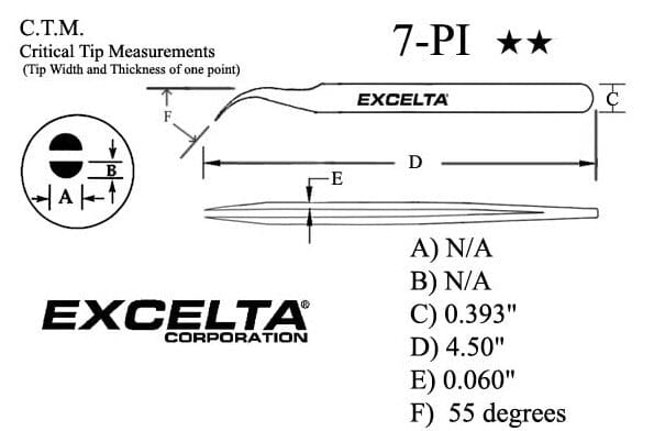 Excelta Tweezers 7-PI 45* , Curved Very Fine Points, Carbon Steel 4.5"