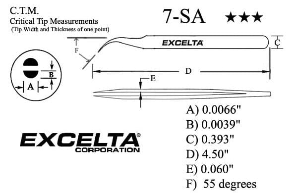 Excelta Tweezers 7-SA 45°, Curved Very Fine Points, Anti-Mag, Neverust Steel 4.5"