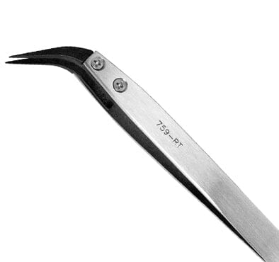 Excelta Tweezers 759-RT 51° Curved Point, Replaceable Tips, Anti-Mag Carbon Fiber Tips, Steel 5"