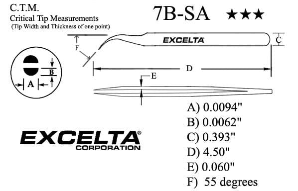 Excelta Tweezers 7B-SA 45°, Curved Very Fine Points, Serrated, Anti-Magnetic, Neverust Steel 4.5"